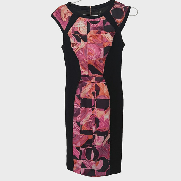 TED BAKER LONDON Jasmaii Pink and Black Geometric Print Panel Dress Ted sz 1 - Picture 1 of 10